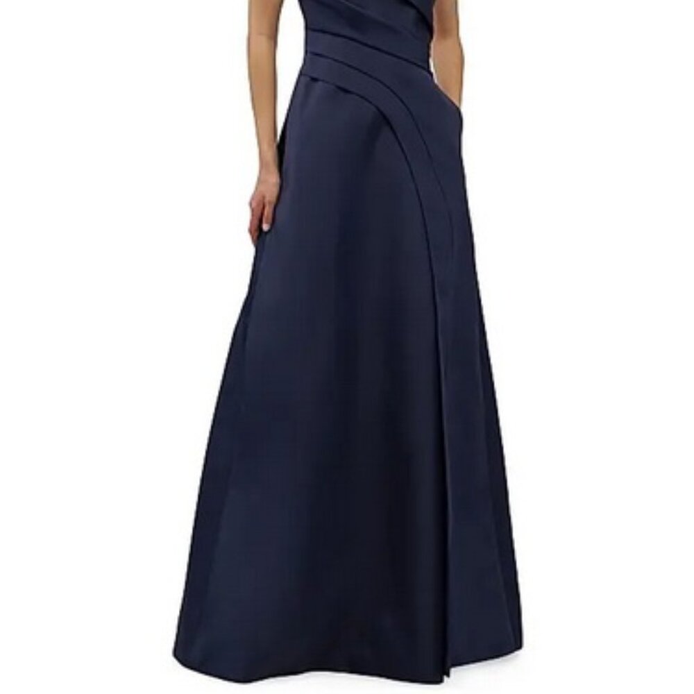 Kay Unger Midnight Blue Jillian One-Shoulder Pleated Taffeta Gown - Picture 2 of 7